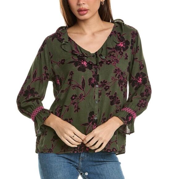 Bobeau Floral Ruffle Button Front Top Size 2X Olive Fuchsia 3/4 Sleeve Smocked - Picture 1 of 7